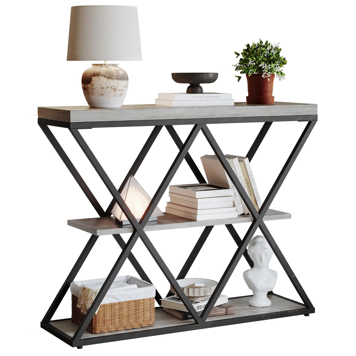 3-Tier Console Table, Slim Entryway Sofa Table with x-Shaped Metal Legs, Open Storage Shelves, for Living Room/Hallway, Rustic Farmhouse Style