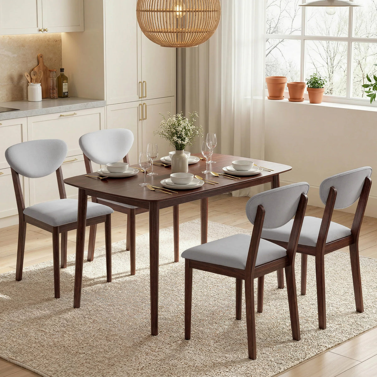 Homcom 5-Piece Dining Table Set for 4, Mid-Century Modern Kitchen Table and Chairs with Padded Seats and Backrests, Solid Wood Frame for Small Spaces, Dining Room, Living Room, Light Gray