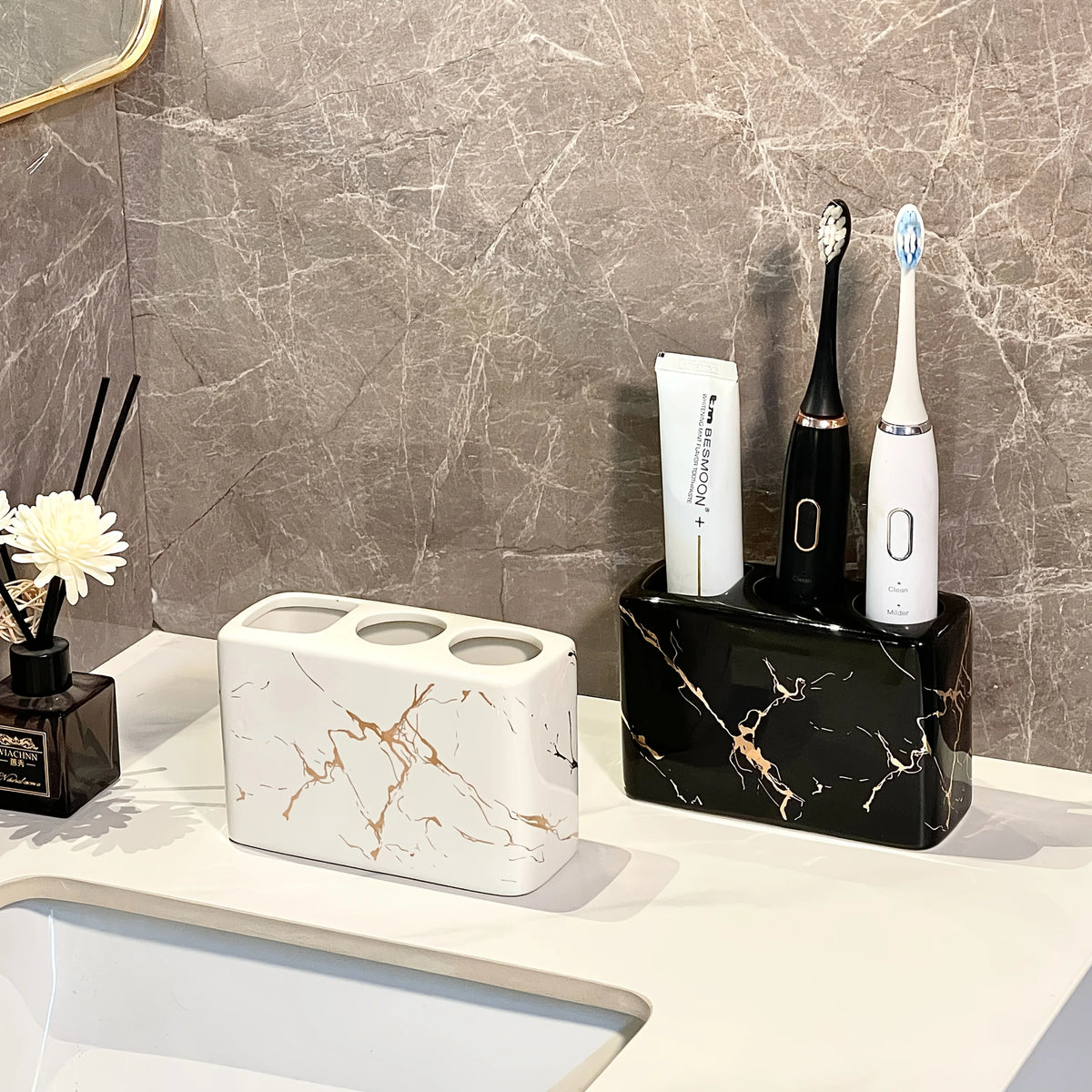 Ceramic Toothbrush Holder with Golden Marble End - 3-Slot Textured Bathroom Organizer, Rustproof Base for Countertop, Toothpaste And Brushes Storage Set