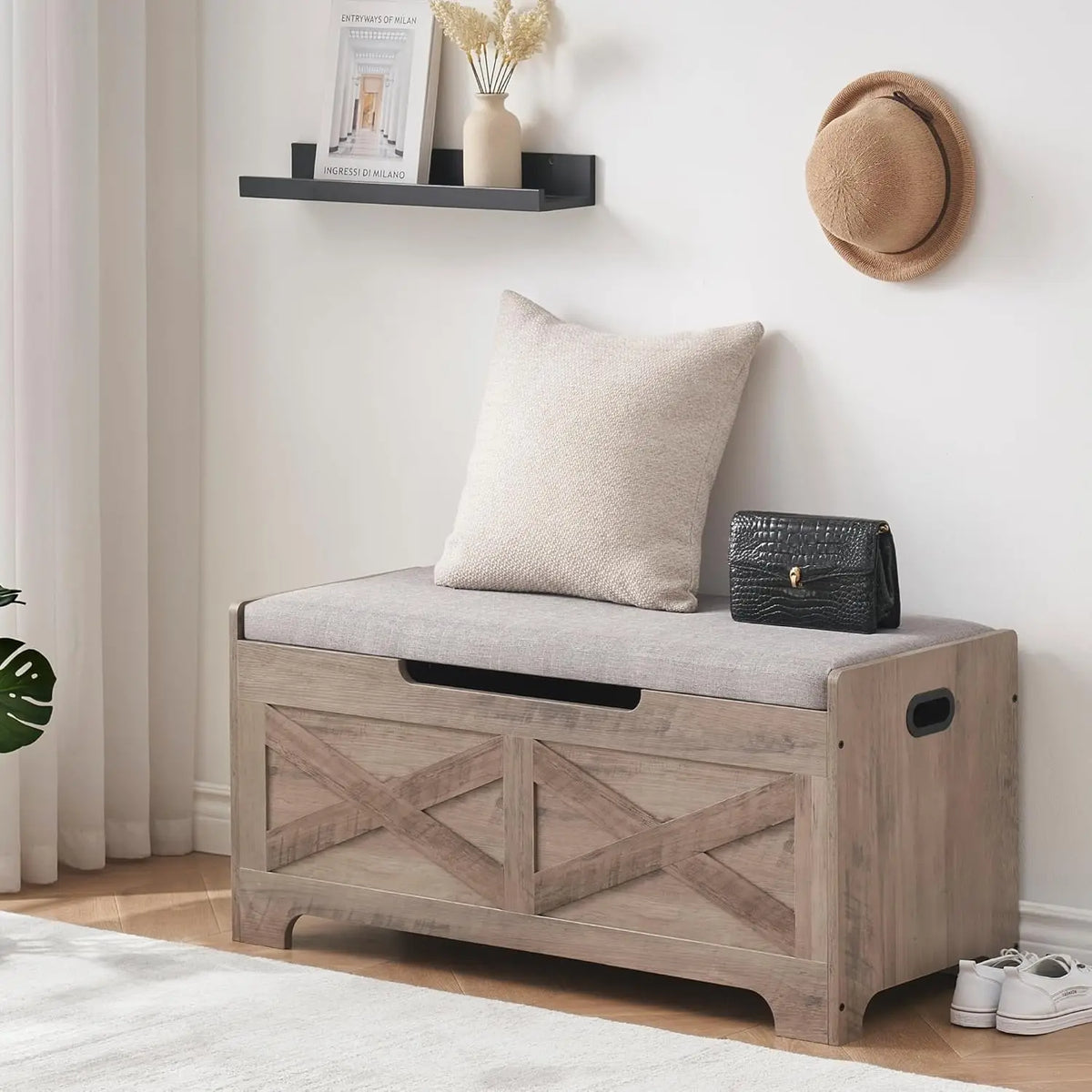 Storage Bench Storage Chest with 2 Safety Hinges Liftable top Shoe Bench Retro Wooden for Entryway Bedroom Living Room