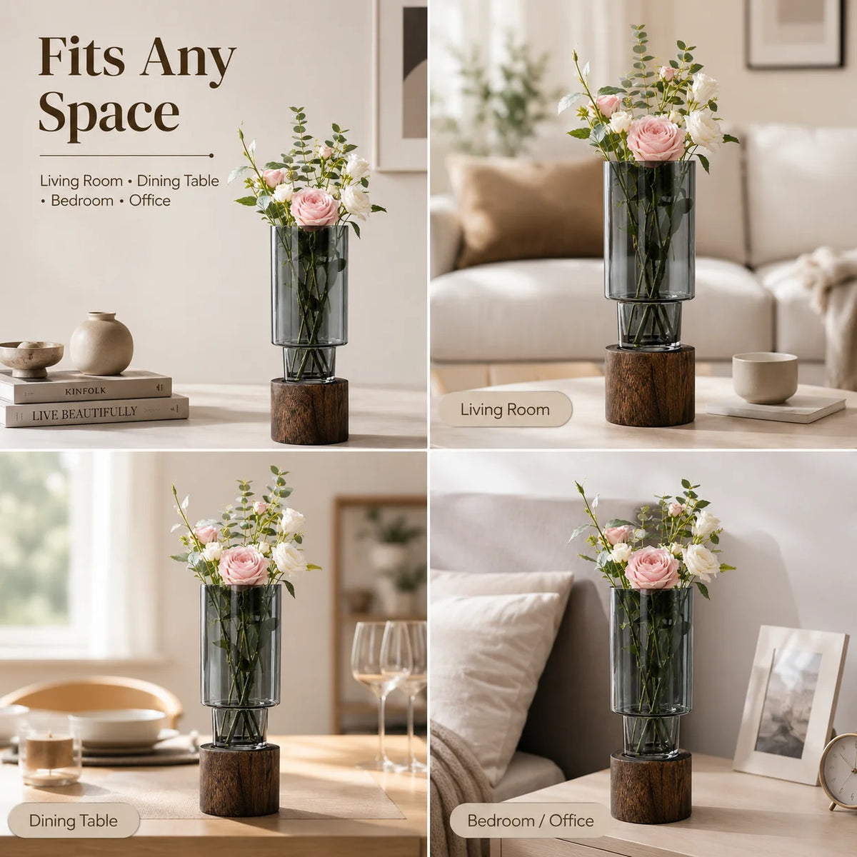 Modern Separable Cylinder Glass Vase, Smoke Grey Transparent Glass Vase with Natural Wood Stand, Minimalist Desktop Flower Arrangement Decor for Bedroom Office Entryway
