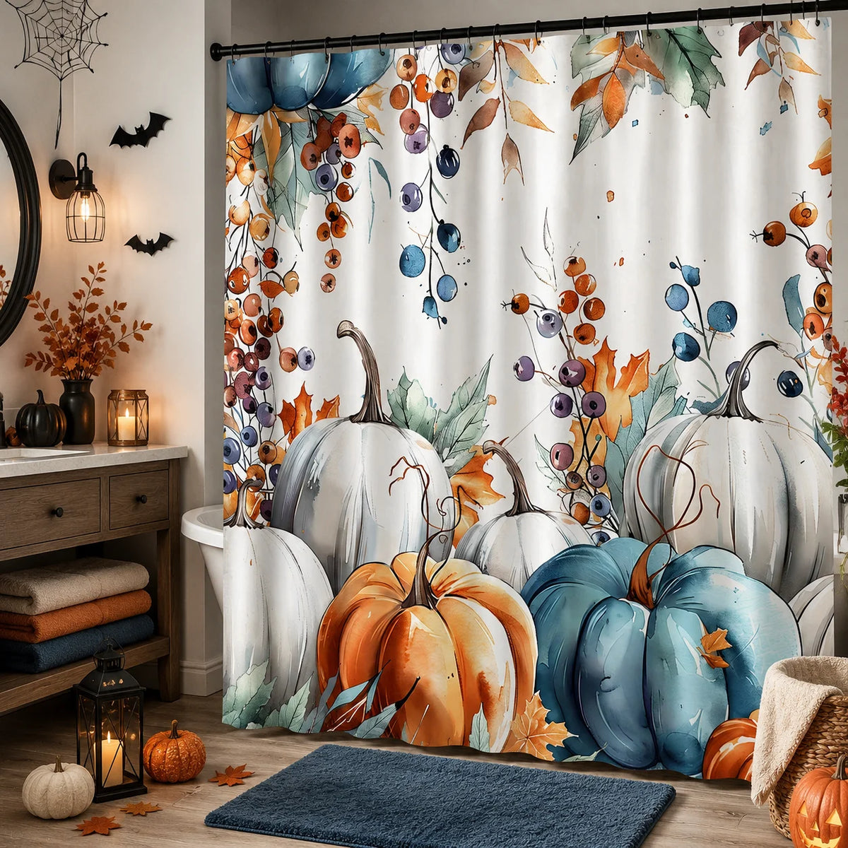 One Halloween Shower Curtain Featuring Vibrant Pumpkins And Autumn Foliage, Designed for a Rustic Farmhouse Look. It Measures 71X71 Inches And Is Made of Polyester Fabric
