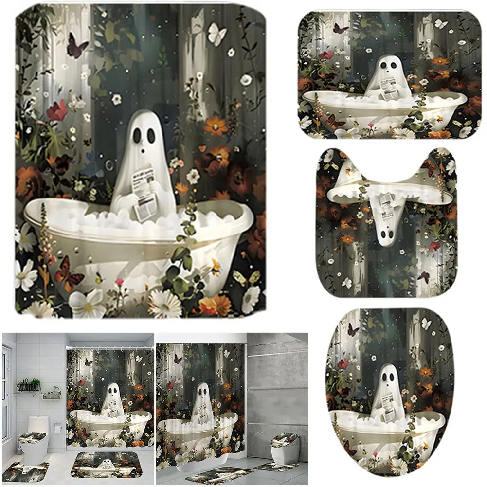 Cute Cartoon Ghost Shower Curtain Set Halloween Shower Curtain Washable Bathtub Curtain Polyester Fabric Spooky Bathroom Curtain