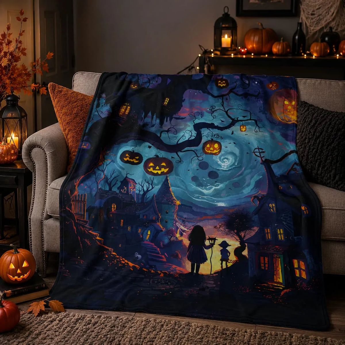 Halloween Throw Blanket: Soft Plush with Haunted House Print (30x40 to 60x80)