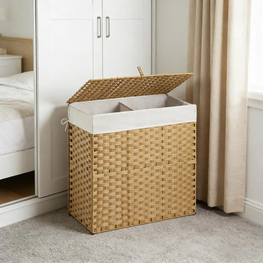 Wicker Laundry Hamper with Lid ,24Gal(90L)/34Gal(130L) Rattan Laundry Basket 2 Sections with Lid, Removable Machine Washable Line, Large Clothes Hamper with Handles for Bathroom Bedroom, Yellow