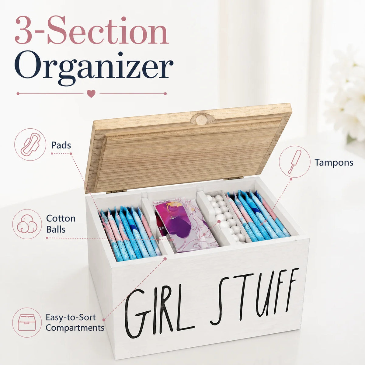 Wooden Period Organizer Box with Lid, Divided Sanitary Napkin Storage Container, "Girl Stuff" Bathroom Drawer Caddy for Tampons, Pads, Feminine Hygiene Products