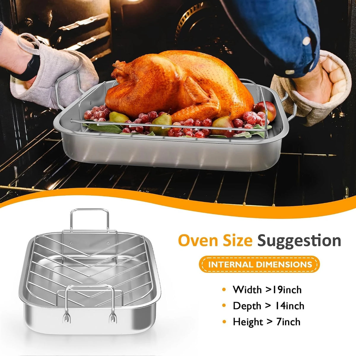15.6'' Roasting Pan With V-Shaped Rack, Heavy Duty Non-Stick Stainless Steel Roaster For Turkey, Lasagna Pan With Handles
