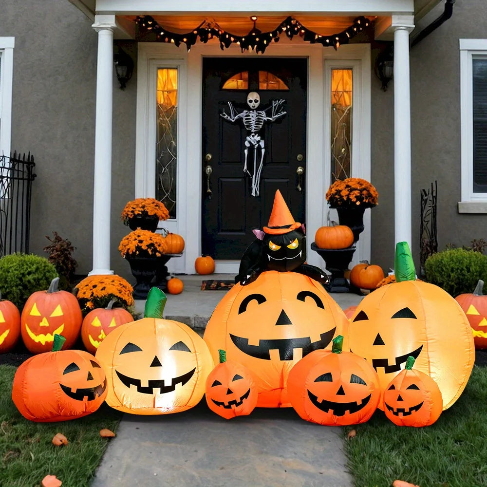 7 FT Long Halloween Inflatables Pumpkin Outdoor Decorations 7 Pumpkins Outside Decoration with Witch's Cat with Build-in LEDs Blow Up Inflatables for Party Yard Lawn Garden Decor