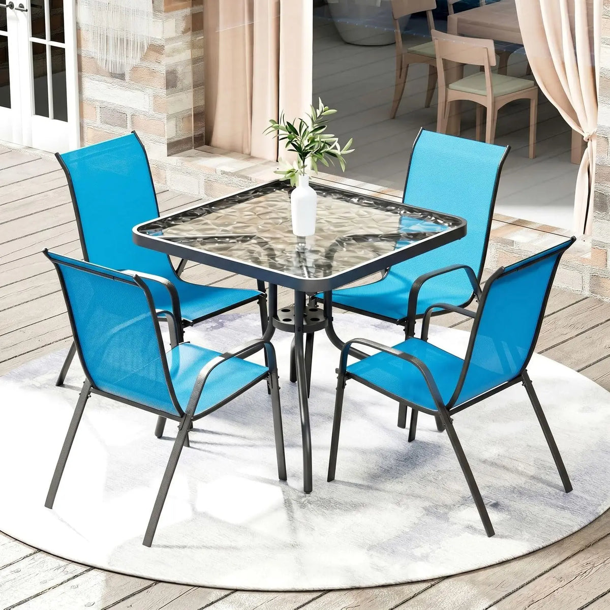 AOOU 5-Piece Outdoor Patio Dining Set Glass Table And Stackable Chairs Space-Saving 30''x30'' Metal Frame Umbrella Hole All-Weather for Backyard Poolside