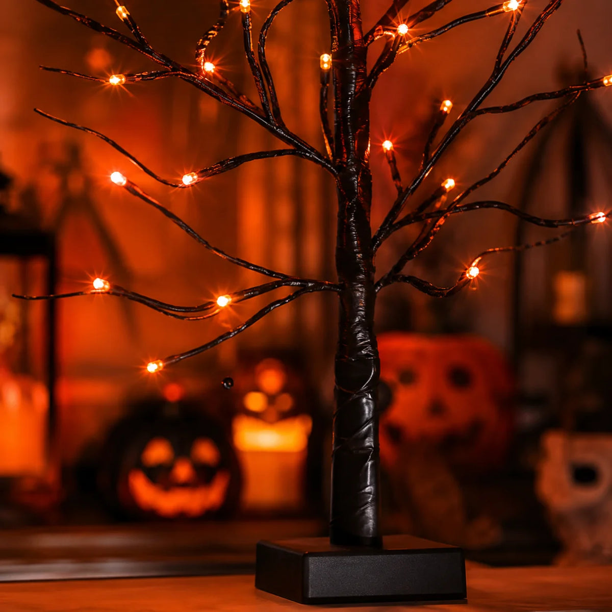Halloween Tree Lights, 2 Pack LED Orange Purple Halloween Decor 2 Pack Halloween Tree Lights with 48 LEDs, Orange & Purple Glow, USB and Battery Powered for Indoor Halloween Decorations