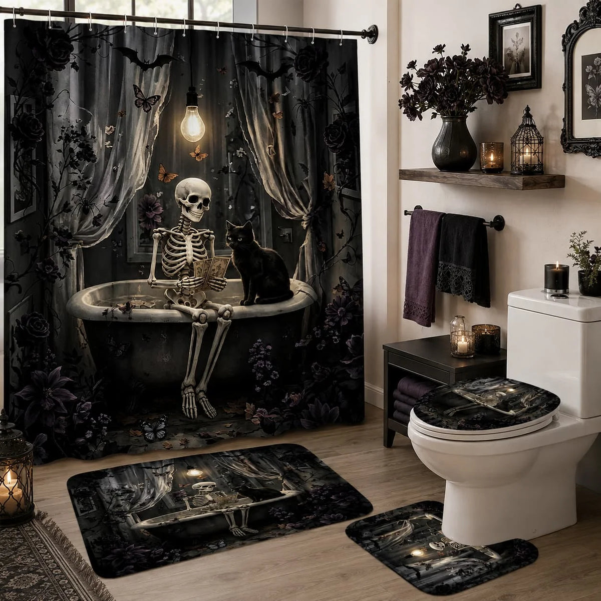 2D Flat, 4pcs Gothic 2D Bathroom Set, High-Quality Bathroom Decorations And Additions Including Non-Slip, U-Shaped, Toilet Seat, And Shower Curtain with 12 Hooks