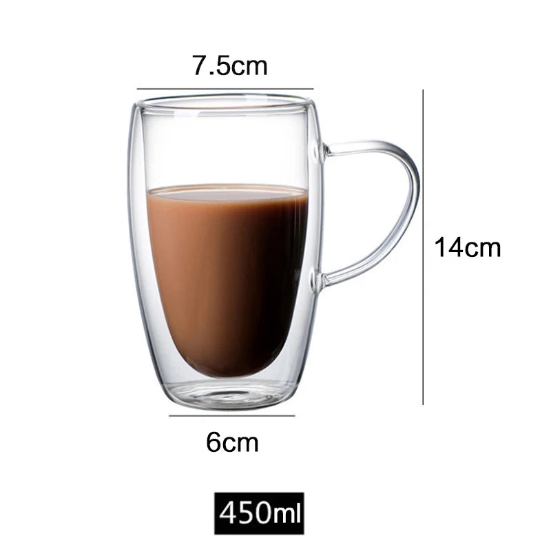 150/250/350/450ml Heat‑Resistant Double‑Wall Transparent Glass Mug For Coffee Tea Milk Whiskey Wine Cold‑Beverage Household Drinkware