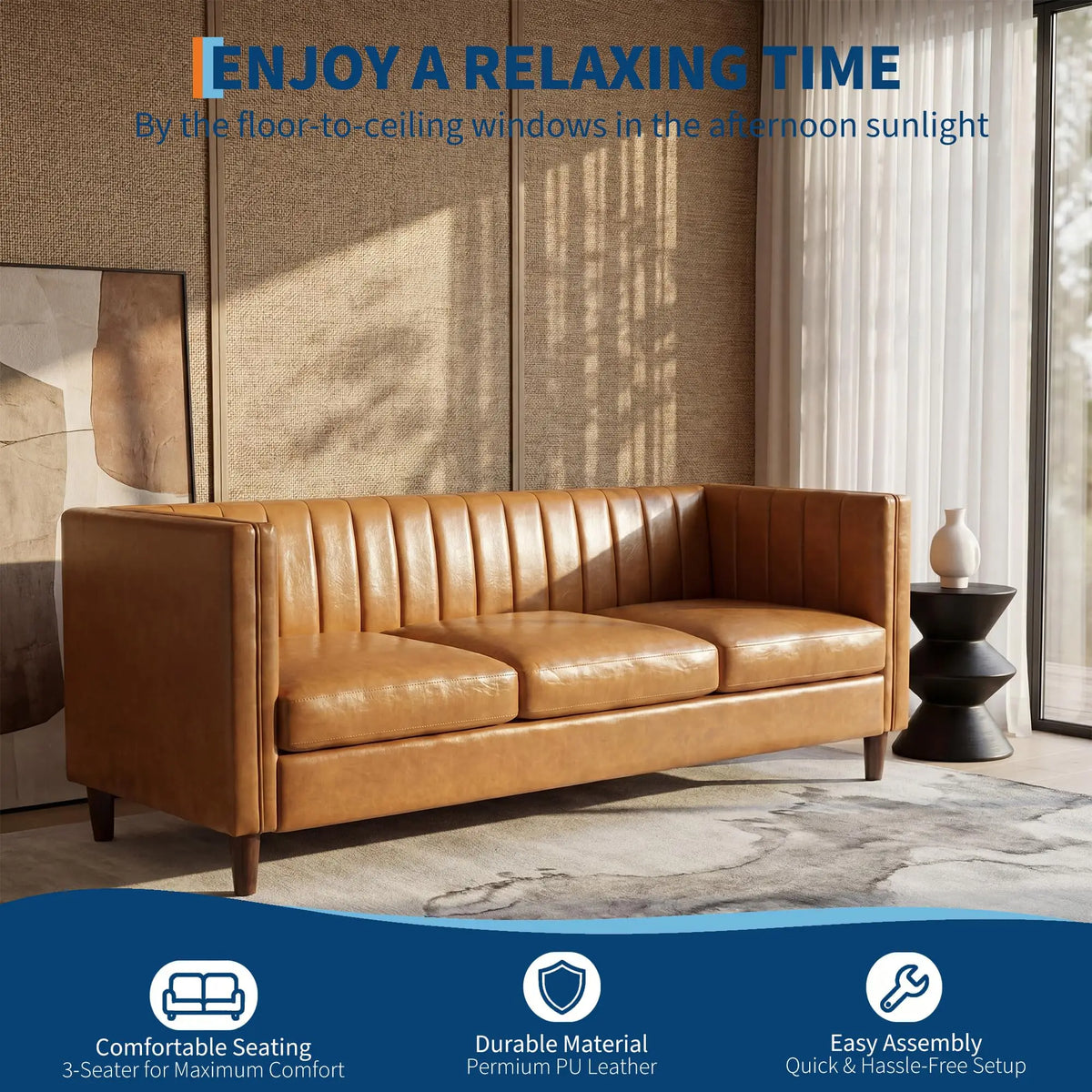 Himsiss Mid Century Modern Faux Leather Sofa For Living Room