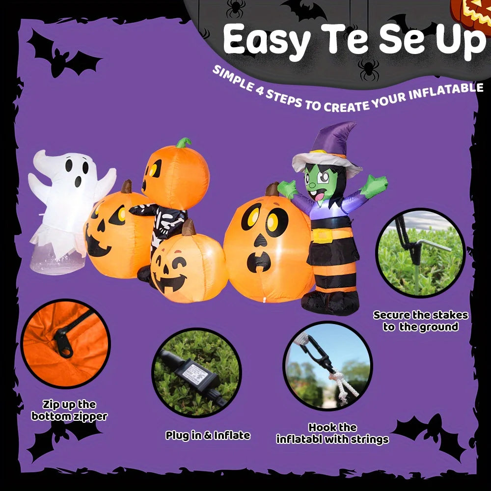 Halloween Inflatable 8 ft Long Three Halloween Characters and Pumpkin Patch Blow Up Inflatables with Build-in LEDs for Party Indoor Outdoor Yard Lawn Garden Decorations