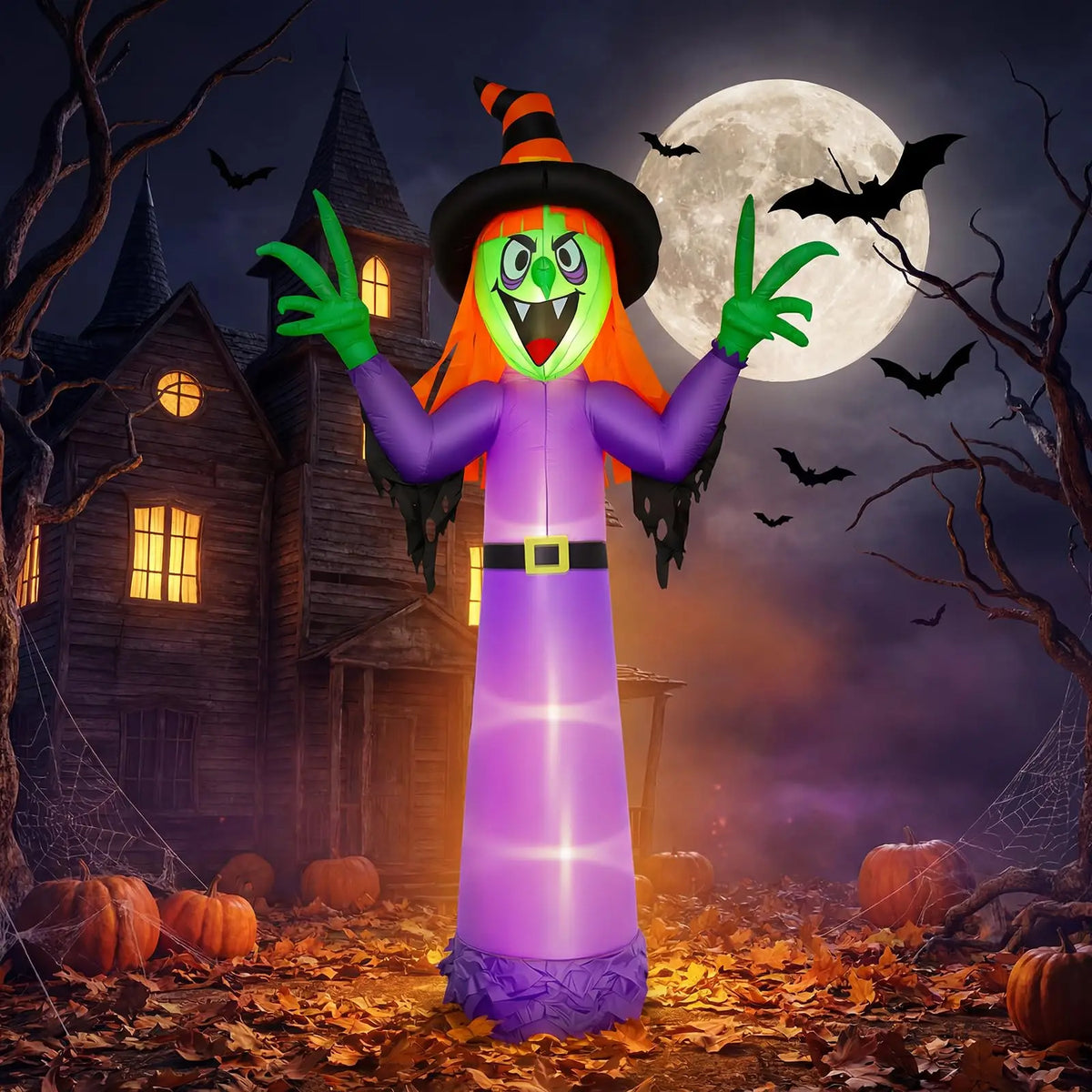 12ft Halloween Witch Inflatable Outdoor Yard Decoration With 4 Led Lights, Blower, Stakes & Ropes For Lawn Porch Haunted House Party