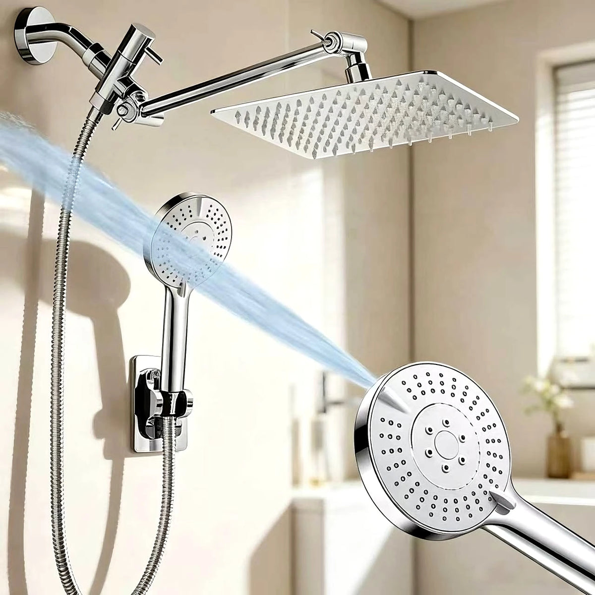 Stainless Steel 8 Inch Overhead Showerhead 7 Modes With Extension Arm Multi-function Hand Shower Wall Mounted Showerhead Set
