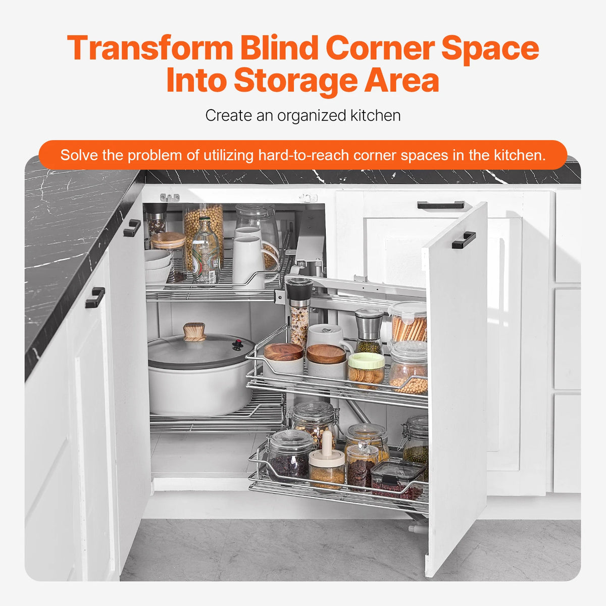 VEVOR 18"W Opening Blind Corner Pull Out Organizer 2 Tier Slide Out Storage Organizer Magic Chrome Carbon Steel Storage Basket