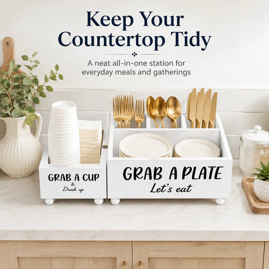 Paper Plate Holder, Utensil Caddy Organizer, Wood Paper Plate Dispenser, Silverware Caddy Holder, and Disposable Coffee Bar Accessories Box for Kitchen Counter, Party, Camping, Picnic