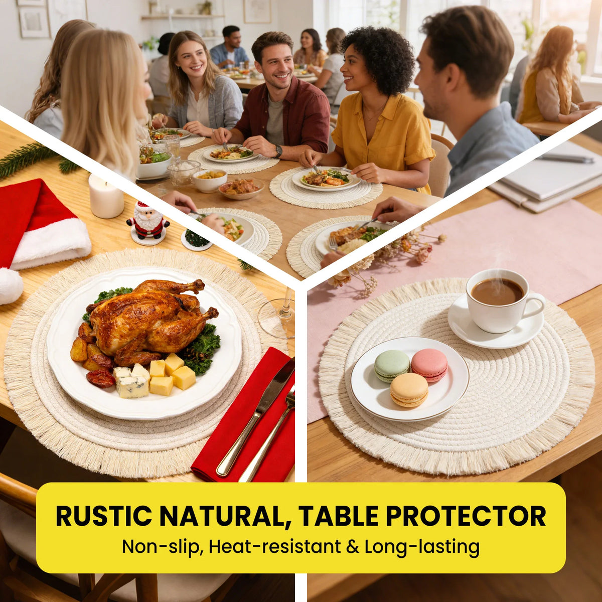 Round Cotton Rope Placemats Set of 8, 34cm Natural Boho Table Mats with Tassel, Heat Resistant Non-Slip Washable Woven Place Mats for Dining Table, Kitchen and Party
