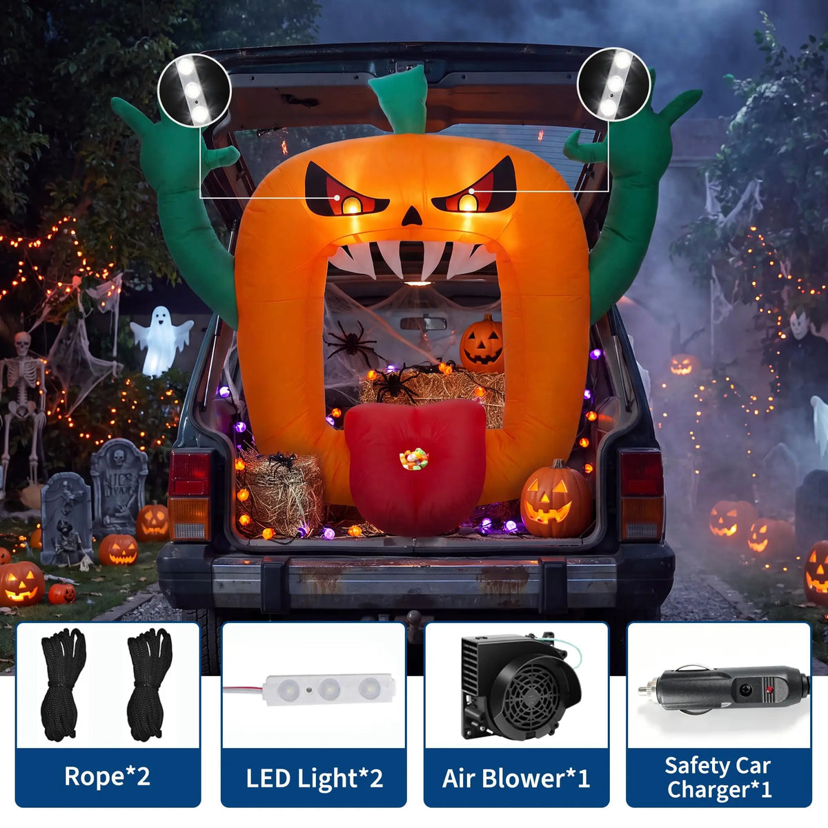 6FT Halloween Inflatable Pumpkin Trunk Or Treat Car Decoration With LED Lights, Blow Up Outdoor Toy For SUV Truck Yard Decor