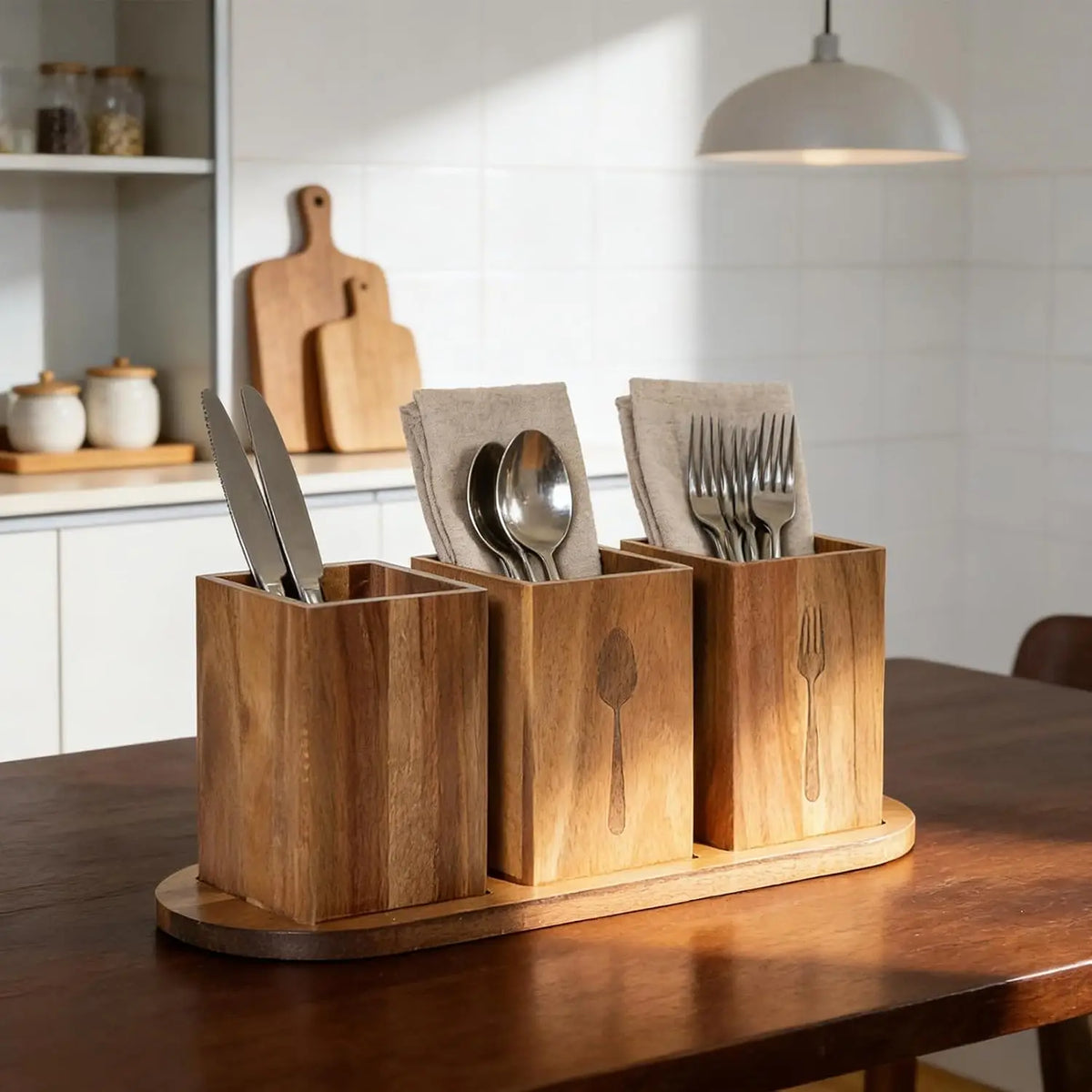 Garvee Acacia Wood Kitchen Utensil Holder Spoon Fork Tableware Storage Rack Cutlery Storage Caddy Organizer Silverware Holder for Spoons Forks Knives, Holds Plates Napkins,