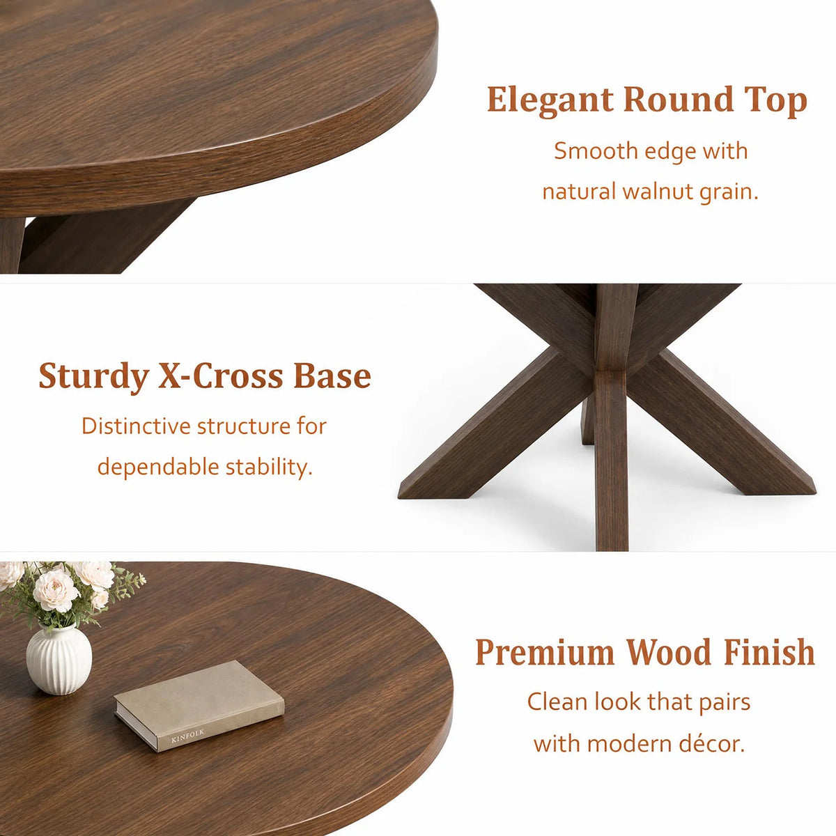 47" Round Dining Table For 4-6, Farmhouse Wood Kitchen Table With X Pedestal Base, Circle Table For Dining Room Apartment Restaurant