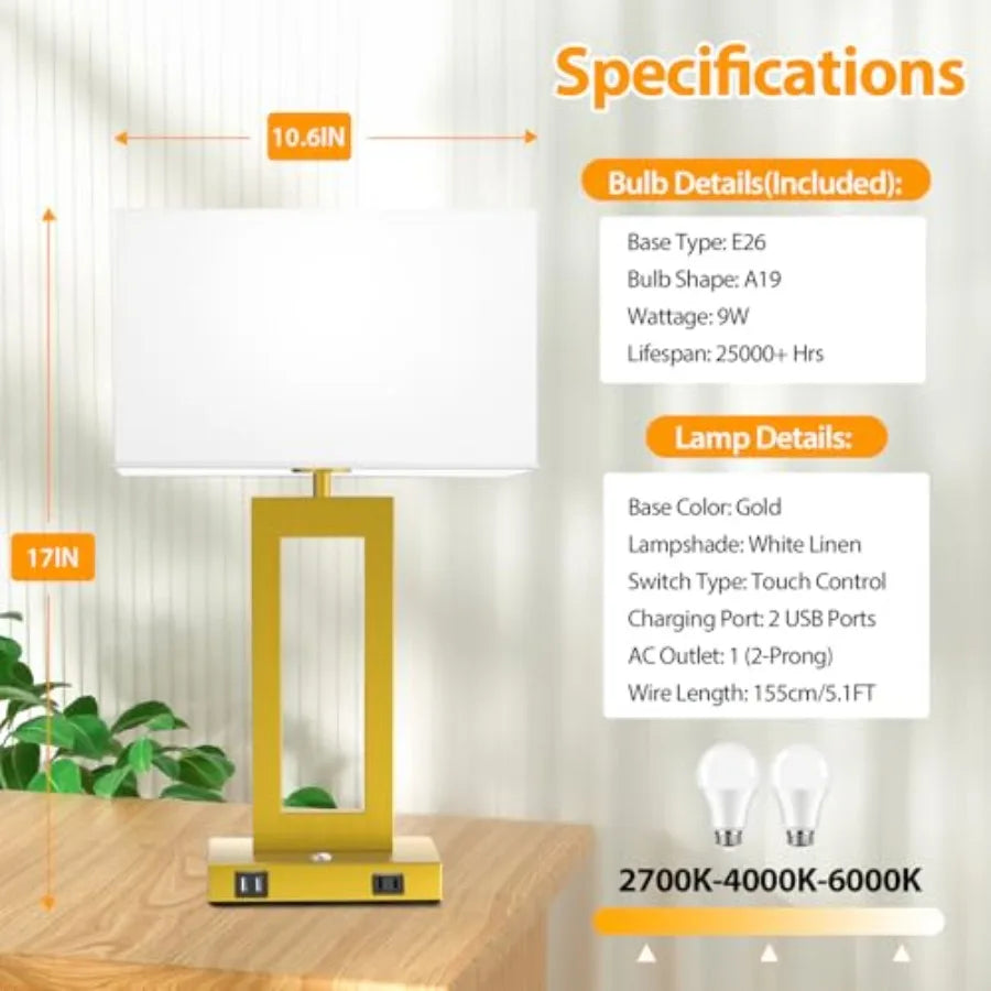 3 Color Temperatures Touch Control Table Lamps Set of 2, Stepless Dimmable Bedside Lamps with 2 USB PortsandAC Outlet, Modern N
