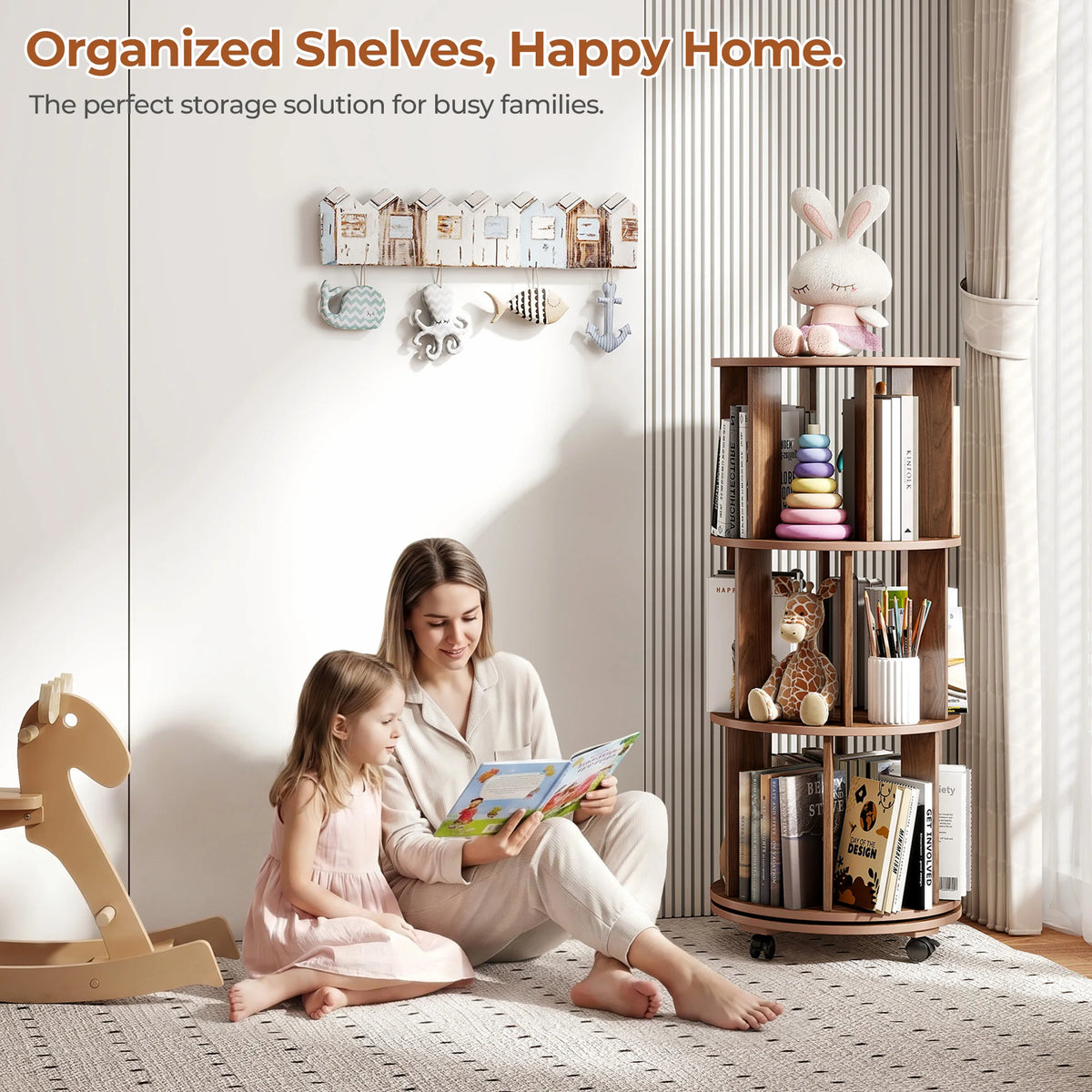 Walnut Wood Rotating Bookshelf on Wheels 360° Spinning Round Bookcase Organizer for Small Spaces Bedroom Kids Room Home Office
