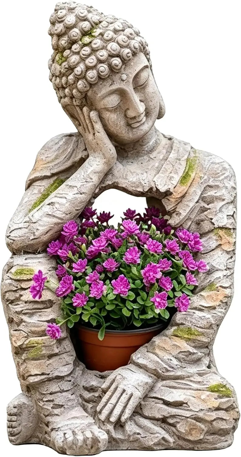 Seated Resin Buddha Garden Statue Distressed Stone Finish With Planting Opening Weatherproof Zen Sculpture Decor For Patio Yard Porch Entryway Indoor Meditation Space