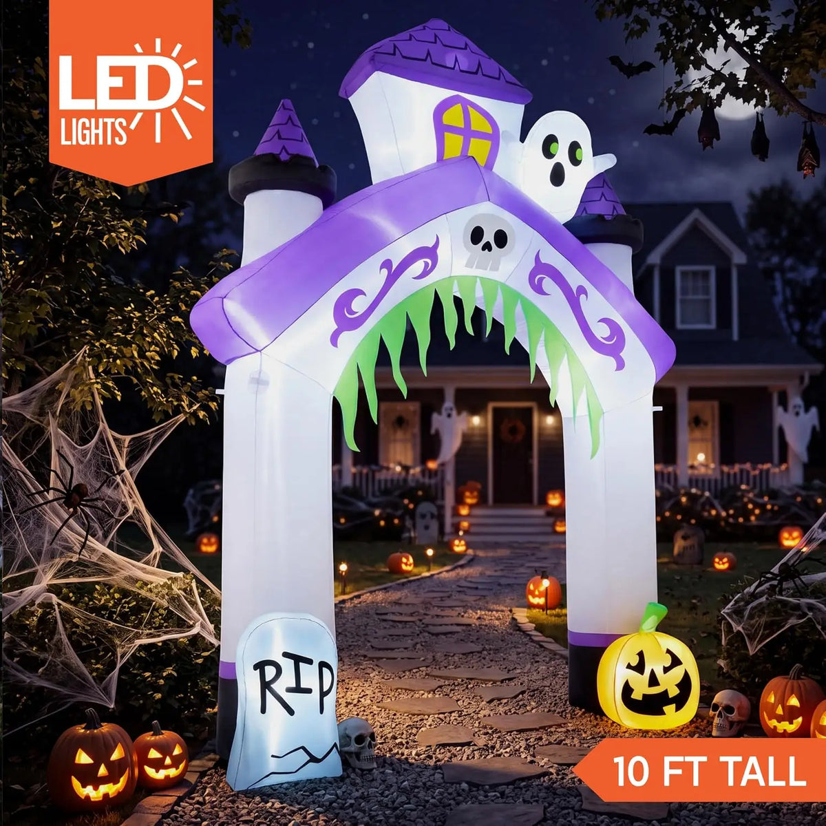 10FT Tall Halloween Inflatables Giant Haunted House Castle Archway Outdoor Decoration with Built-in LED Lights, Blow Up Arch Decor for Outdoor Yard Lawn Garden Party, Spooky Halloween Decor