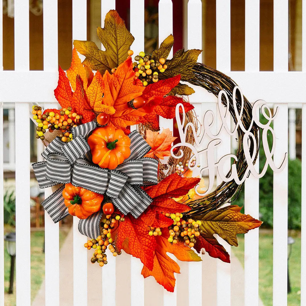 40cm Artificial Pumpkin Wreath Thanksgiving Garland Door Hanger Front Door Autumn Wreath for Thanksgiving Harvest Party Decor
