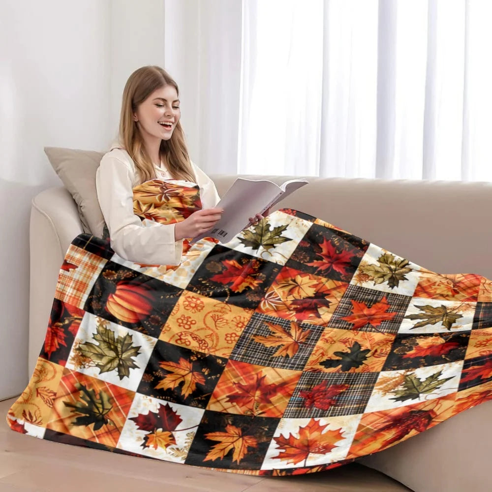 Fall Harvest Maple Leaf Pumpkin Plaid Patchwork Flannel Blanket Soft Warm Fleece Throw Blanket Thanksgiving Decor Gift