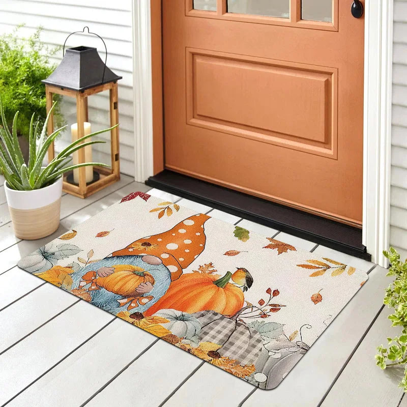 1pc Bohemian Hand-Painted Garden Gnome & Pumpkin Door - Thick Plush Flannel Suitable for Entryway, Machine Washable Autumn for Front Door, Cozy Fall Decor for