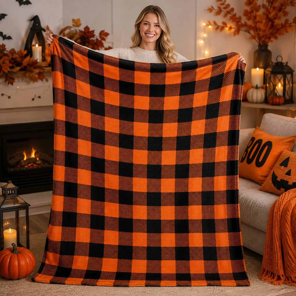 BEDELITE Halloween Throw Blanket for Decor & Gift, Orange & Black, 50"x60"
