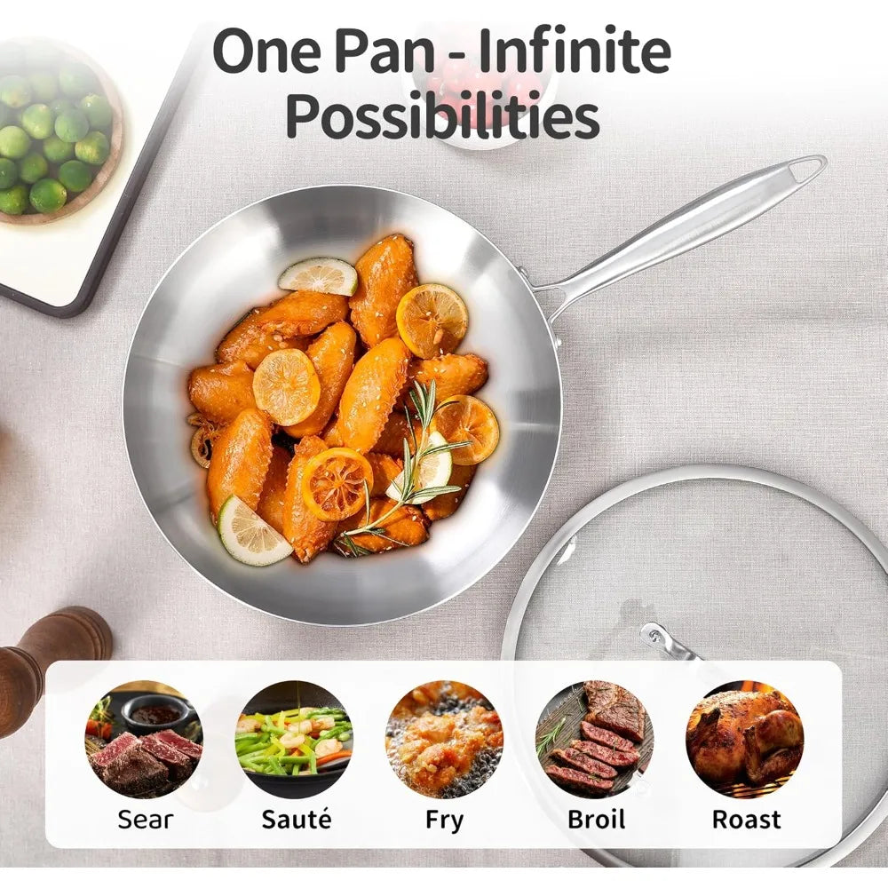 11 Inch Tri-Ply Stainless Steel Frying Pan Detachable Handle Fast Even Heating Induction Oven Safe Kitchen Skillet