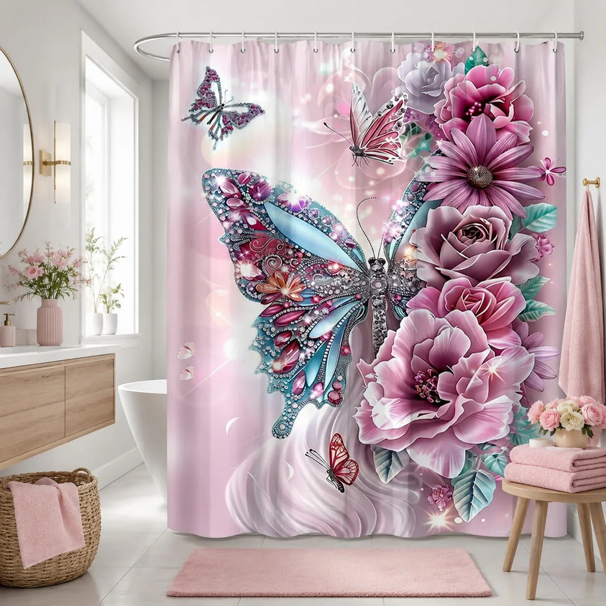 2D Flat, 2D Flat Shower Curtain, 1pc, Floral Butterfly Shower Curtain, Bathroom Decor Bathtub Partition Hanging Curtain, Includes 12 Hooks, Flower and Butterfly Design, Suitable for Elegant Home Decor, Suitable for Rooms, Hom