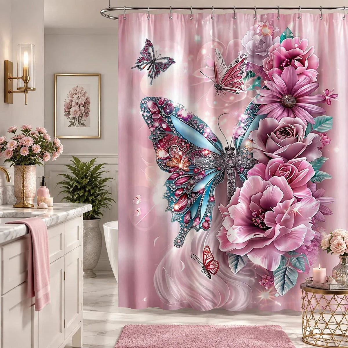 2D Flat, 2D Flat Shower Curtain, 1pc, Floral Butterfly Shower Curtain, Bathroom Decor Bathtub Partition Hanging Curtain, Includes 12 Hooks, Flower and Butterfly Design, Suitable for Elegant Home Decor, Suitable for Rooms, Hom