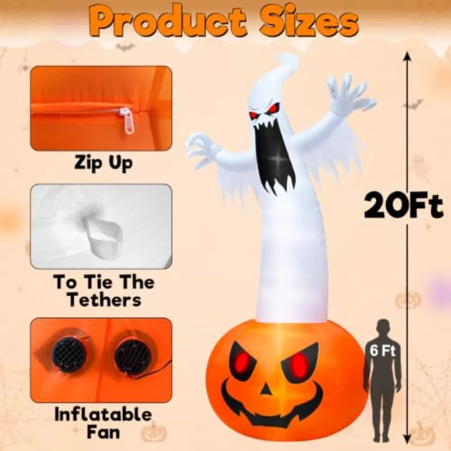 Halloween outdoor yard decoration: super giant 20 FT inflatable pumpkin ghost, PVC material, orange and white, built-in 9 LED l