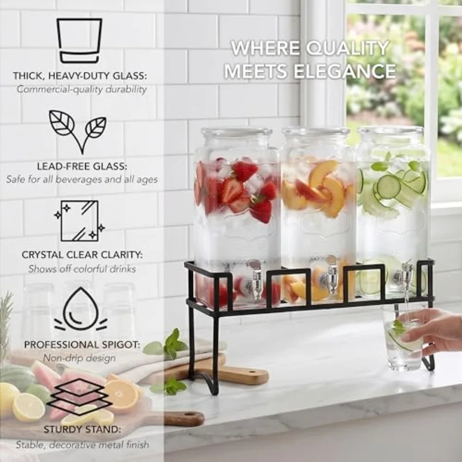 Triple Chalkboard Beverage Dispenser With Metal Stand And Spigot