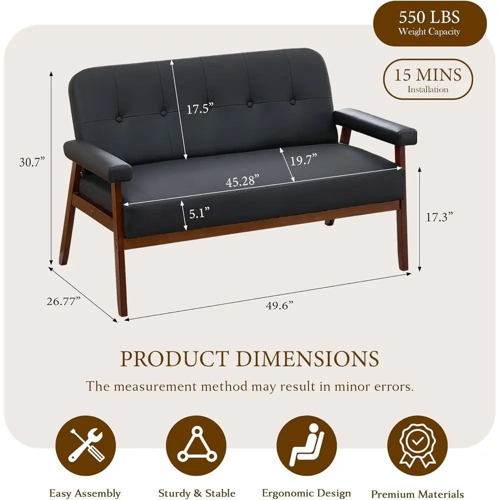 50”W Black aux Leather Small Oice Couch Loveseat Soa with Wood Arms, Century ern Love Seat Soas Lounge Armchair Living Room Bedr