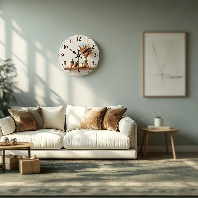 2D Flat. 1pc, Autumn Harvest Theme Wooden Wall Clock Silent Round Timepiece, Perfect Decor for Bedroom, Living Room, Office, Kitchen, And Bathroom, 12-Inch (AA Battery Not Included)