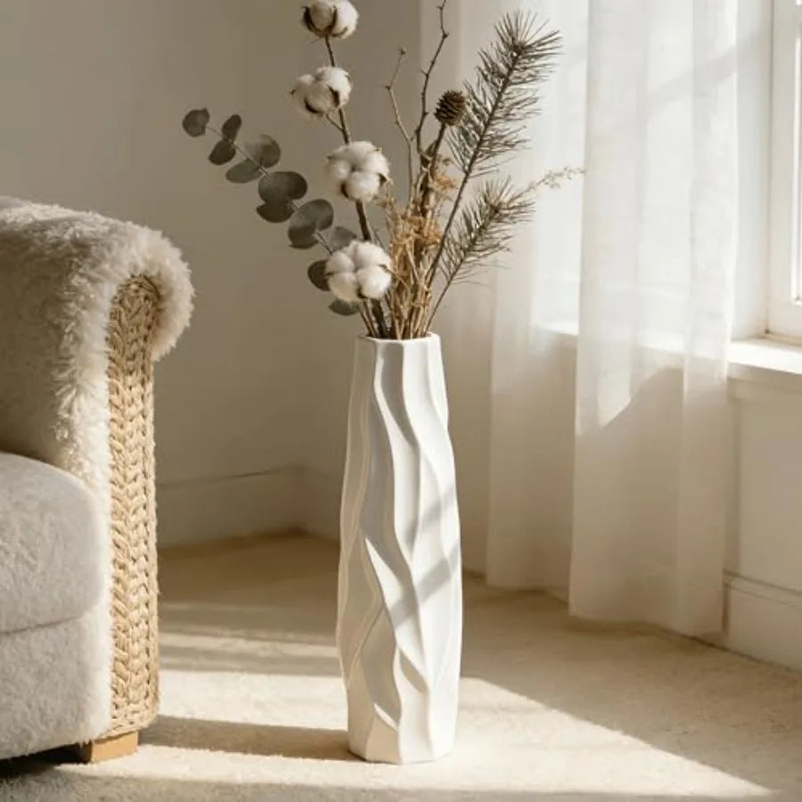 Large Floor Ceramic Vase 24 Inches Tall White Modern Simple Origami Design for Office Home Farmhouse Living Room Decor Fall Flo