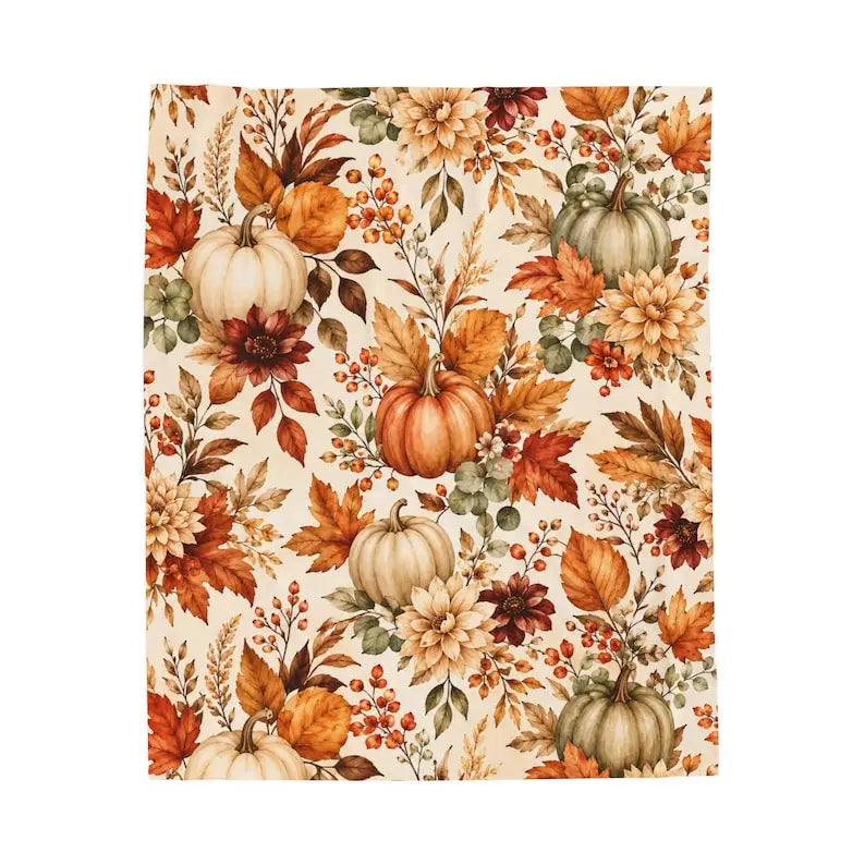 Autumn Pumpkins Floral Fall Leaves Velveteen Plush Blanket, Fall Home Livingroom, Bedroom Decor
