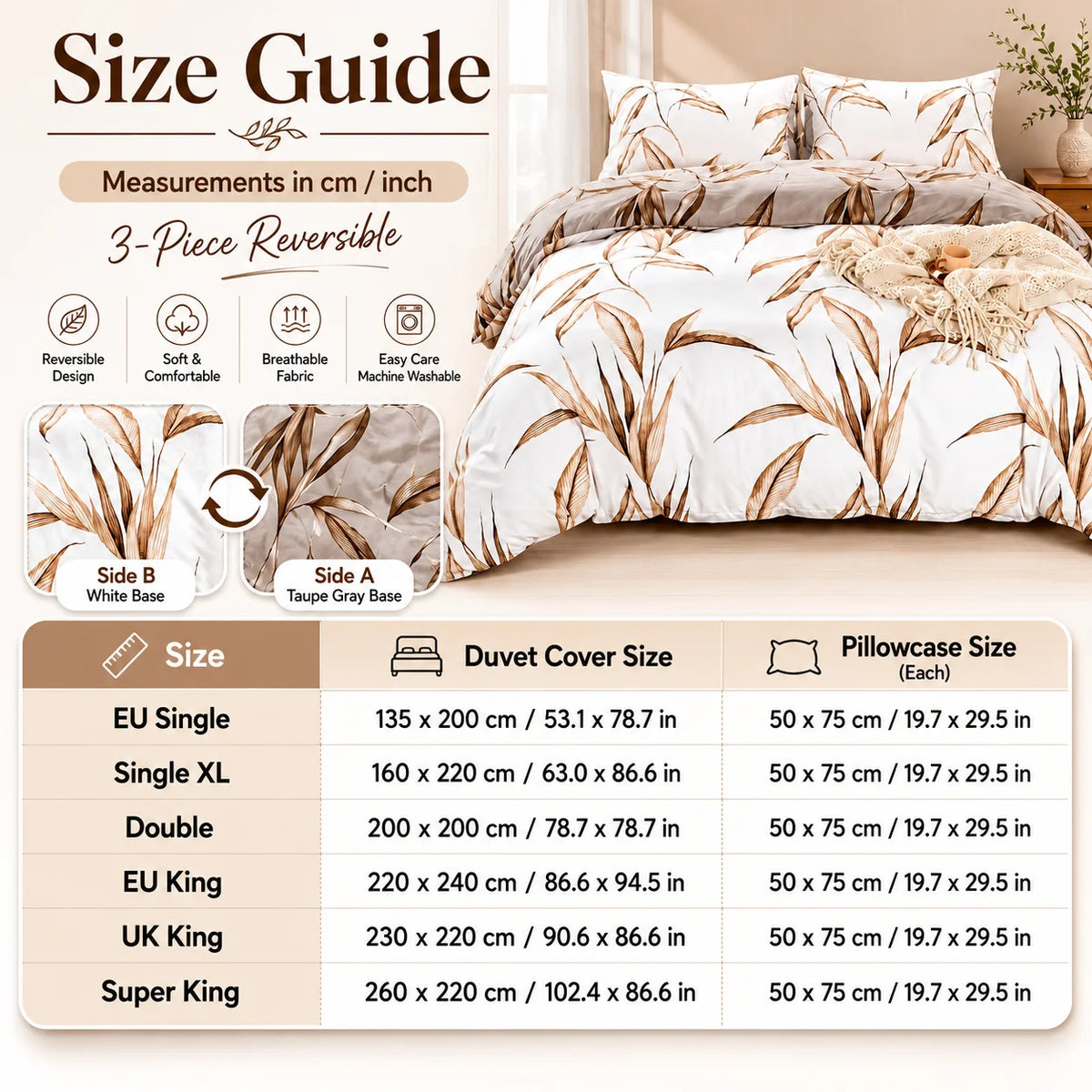 3Pcs Reversible Duvet Cover Set Brown Leaf Botanical Bedding Set Soft Boho Bed Cover with Pillowcases Queen King Twin Full
