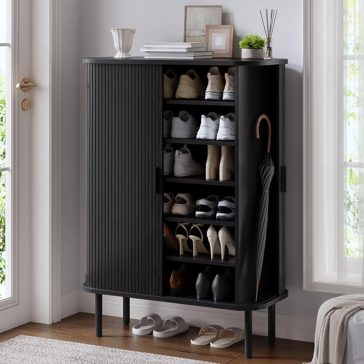 Fluted 6-Tier Shoe Cabinet, Wooden Shoe Storage Cabinet with Sliding Door, Shoe Storage Organizer for Entryway, Hallway