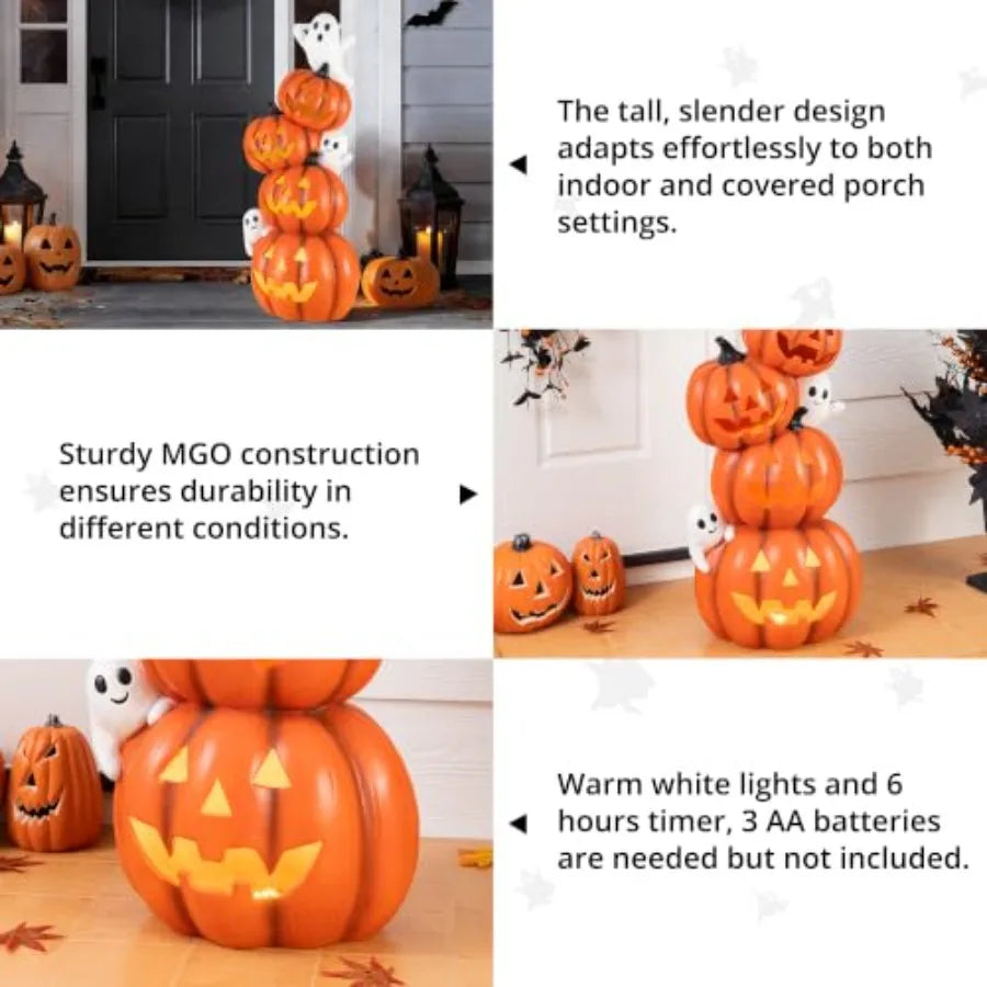 Halloween porch decor: lighted stacked jack-o-lantern statue, MGO material, orange and white, timer function for indoor/outdoor