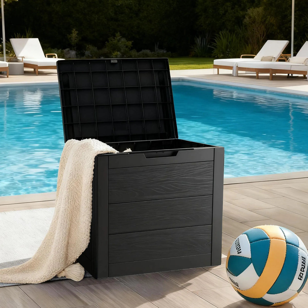 75 Gallon Large Outdoor Deck Box with Lockable Lid & Heavy-Duty Hinged Door - White/Green Heavy-Duty Plastic Storage Container,