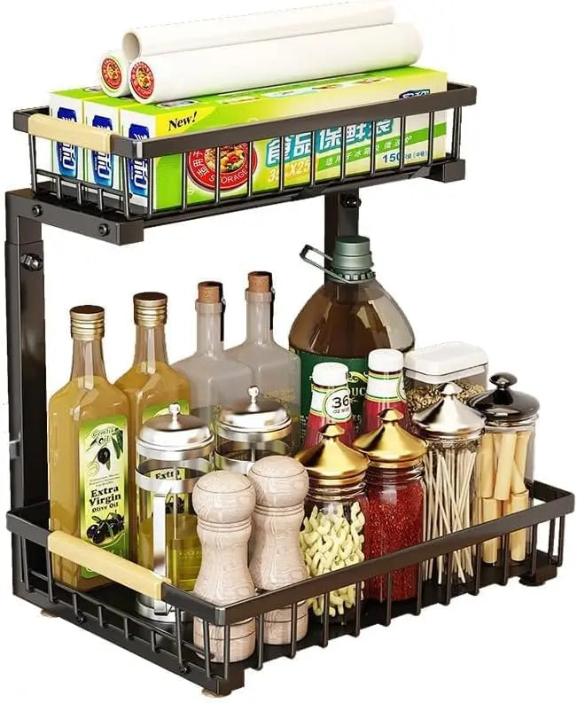 1PC 2 Tier Under Sink Organizer L-Shaped Multi-Function Shelf for Kitchen Bathroom Space Saving 16.5"–19.2" Carbon Cabinet Organizer