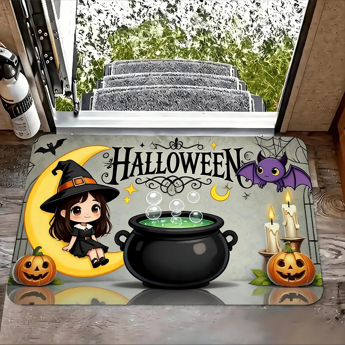 1pc Door Mat with Halloween Pumpkin and Cat Design, Welcome Floor Mats, Polyester Area Mat for Laundry Room and Kitchen, Room Decoration, Guest Room Decor