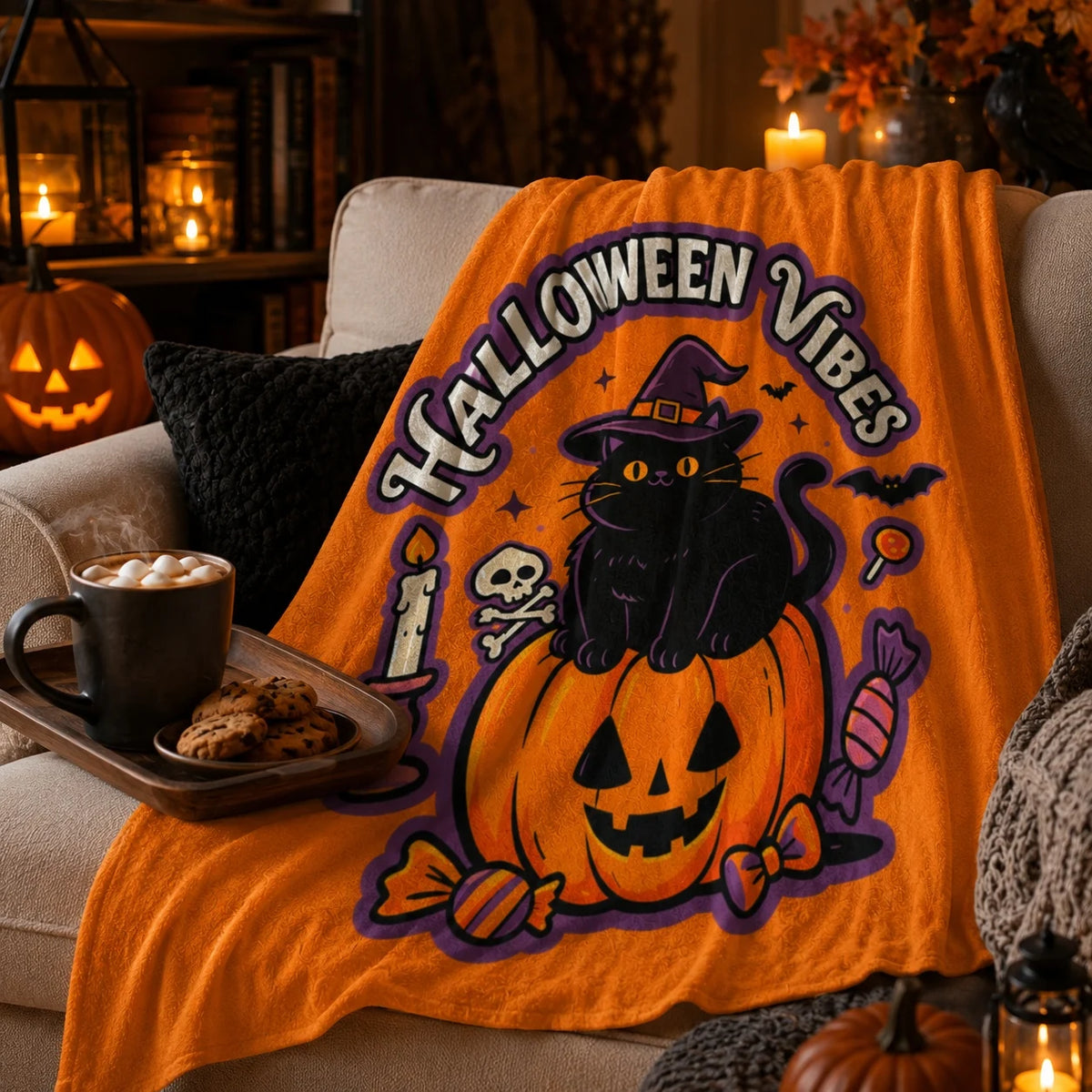 Halloween Flannel Throw Blanket 60 x 50 Inch, Soft Lightweight Cozy Blanket for Couch, Sofa, Bed, Bedroom and Living Room Decor